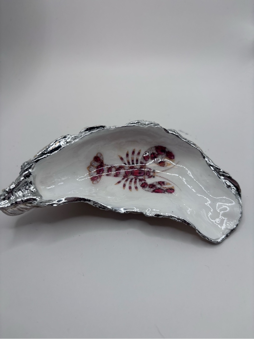 Decorative White Oyster Shell Tray with Pink Lobster Motif